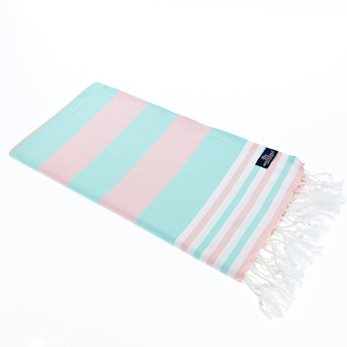 Turkish Towel, Beach Bath Towel, Moonessa Bondi Beach Series, Handwoven, Combed Natural Cotton, 330g, Pink-Mint, horizontal