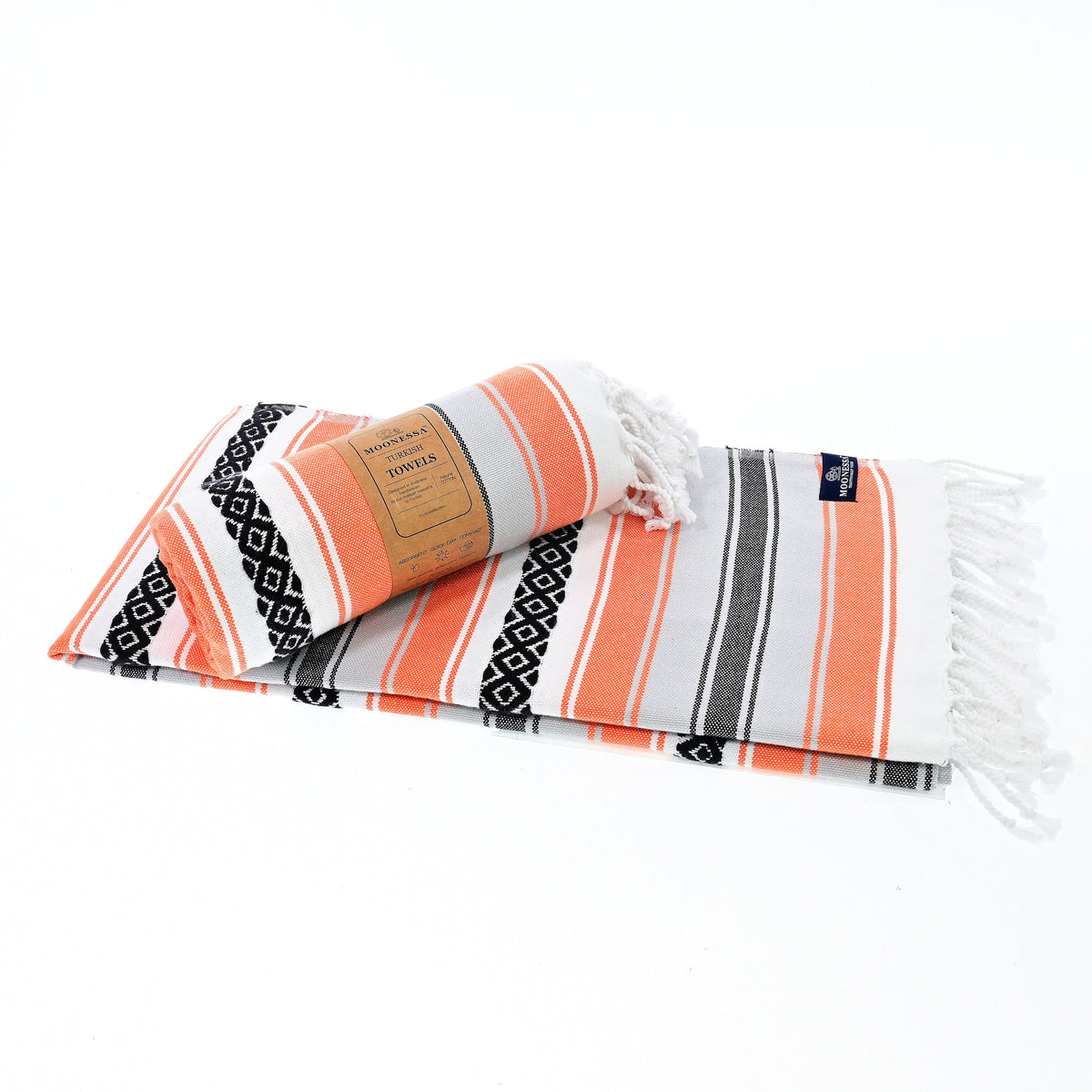 Turkish Towel, Beach Bath Towel, Moonessa Mexican Series, Handwoven, Combed Natural Cotton, 350g, Orange, roll & horizontal