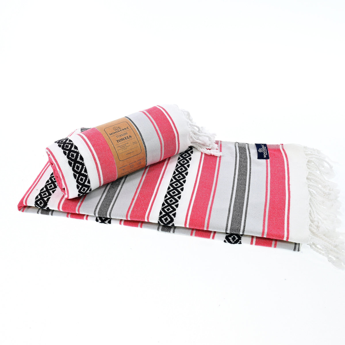 Turkish Towel, Beach Bath Towel, Moonessa Mexican Series, Handwoven, Combed Natural Cotton, 350g, Vermilon, roll & horizontal