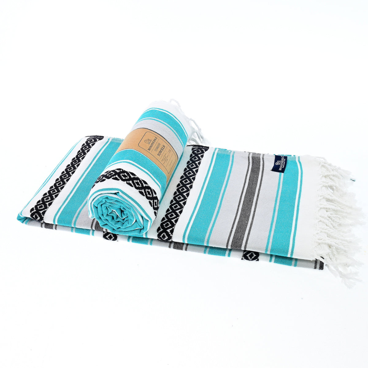 Turkish Towel, Beach Bath Towel, Moonessa Mexican Series, Handwoven, Combed Natural Cotton, 350g, Dark Turquoise, roll & horizontal 2