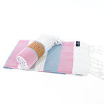 Turkish Towel, Beach Bath Towel, Moonessa Fremantle Series, Handwoven, Combed Natural Cotton, 340g, Vermilon-Blue-Grey, roll & horizontal