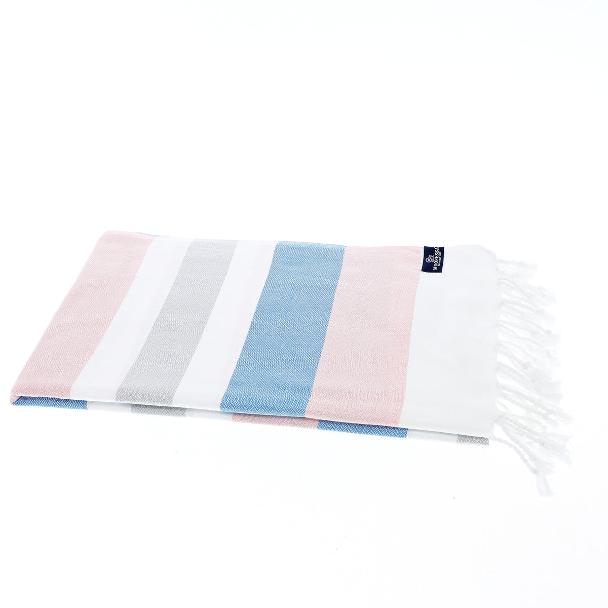 Turkish Towel, Beach Bath Towel, Moonessa Fremantle Series, Handwoven, Combed Natural Cotton, 340g, Pink-Blue-Grey, horizontal