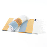 Turkish Towel, Beach Bath Towel, Moonessa Fremantle Series, Handwoven, Combed Natural Cotton, 340g, Orange-Blue-Grey, roll & horizontal