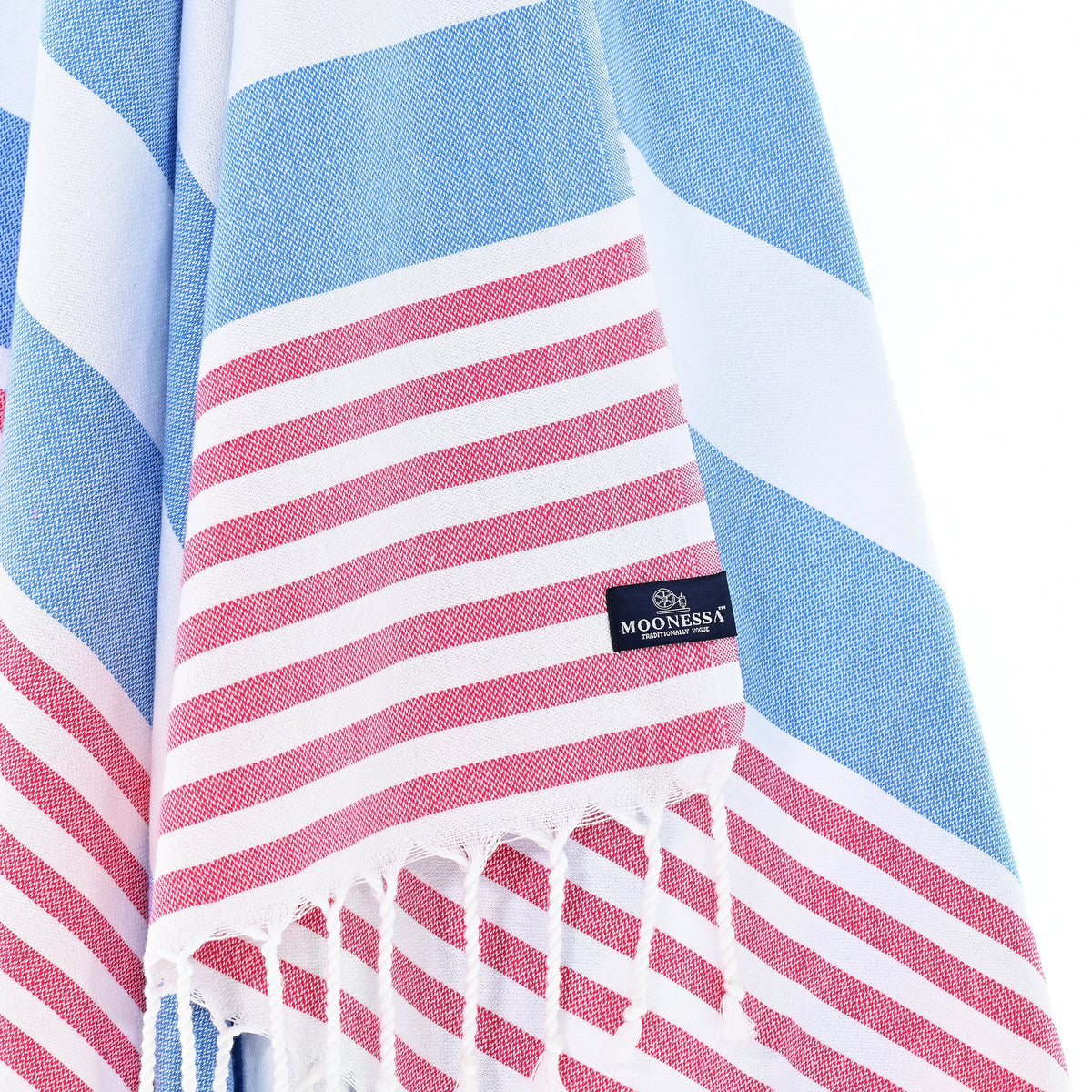 Turkish Towel, Beach Bath Towel, Moonessa Avalon Series, Handwoven, Combed Natural Cotton, 350g, Sky Blue-Vermilion, hanging close-up
