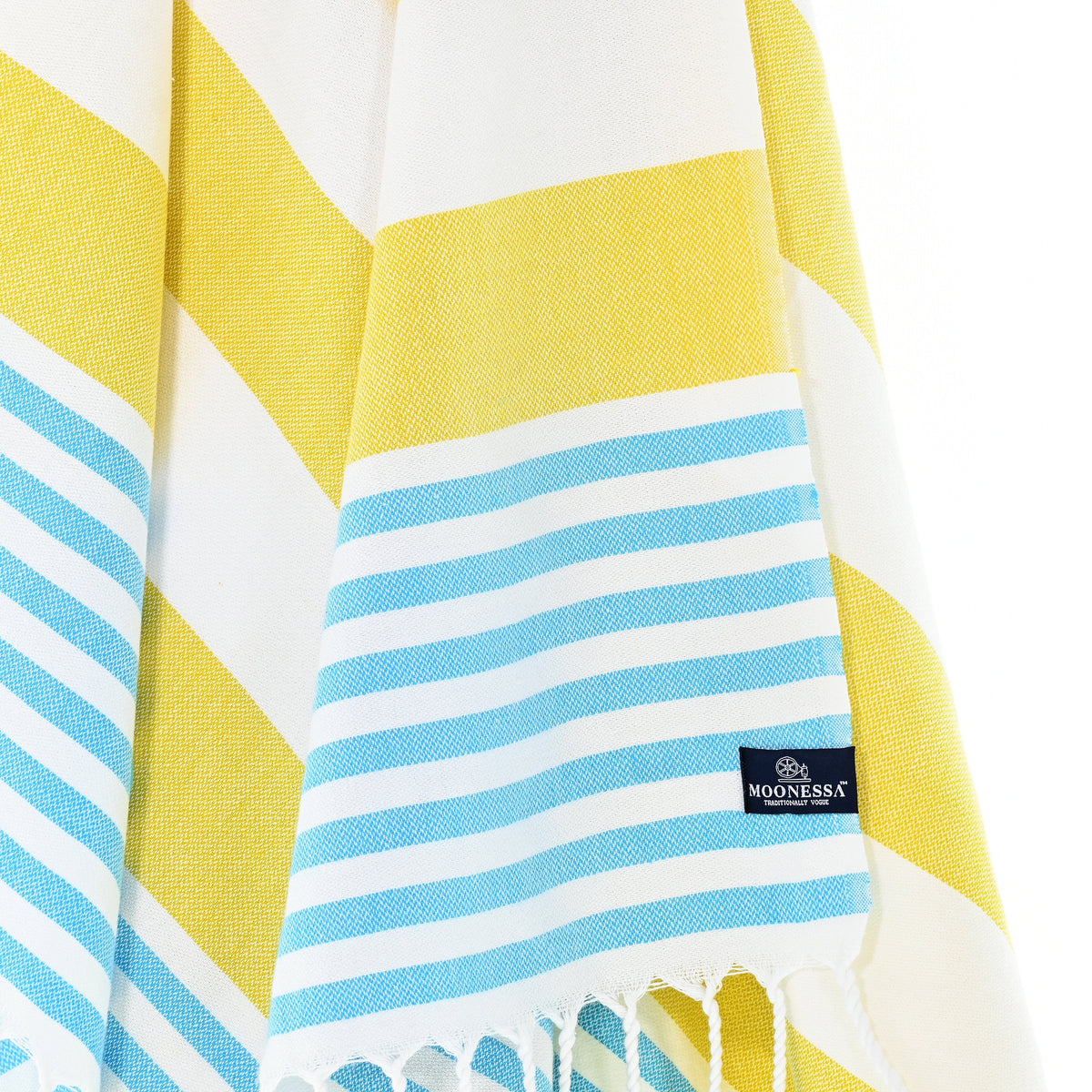Turkish Towel, Beach Bath Towel, Moonessa Avalon Series, Handwoven, Combed Natural Cotton, 300g, Yellow-Turquoise, hanging close-up