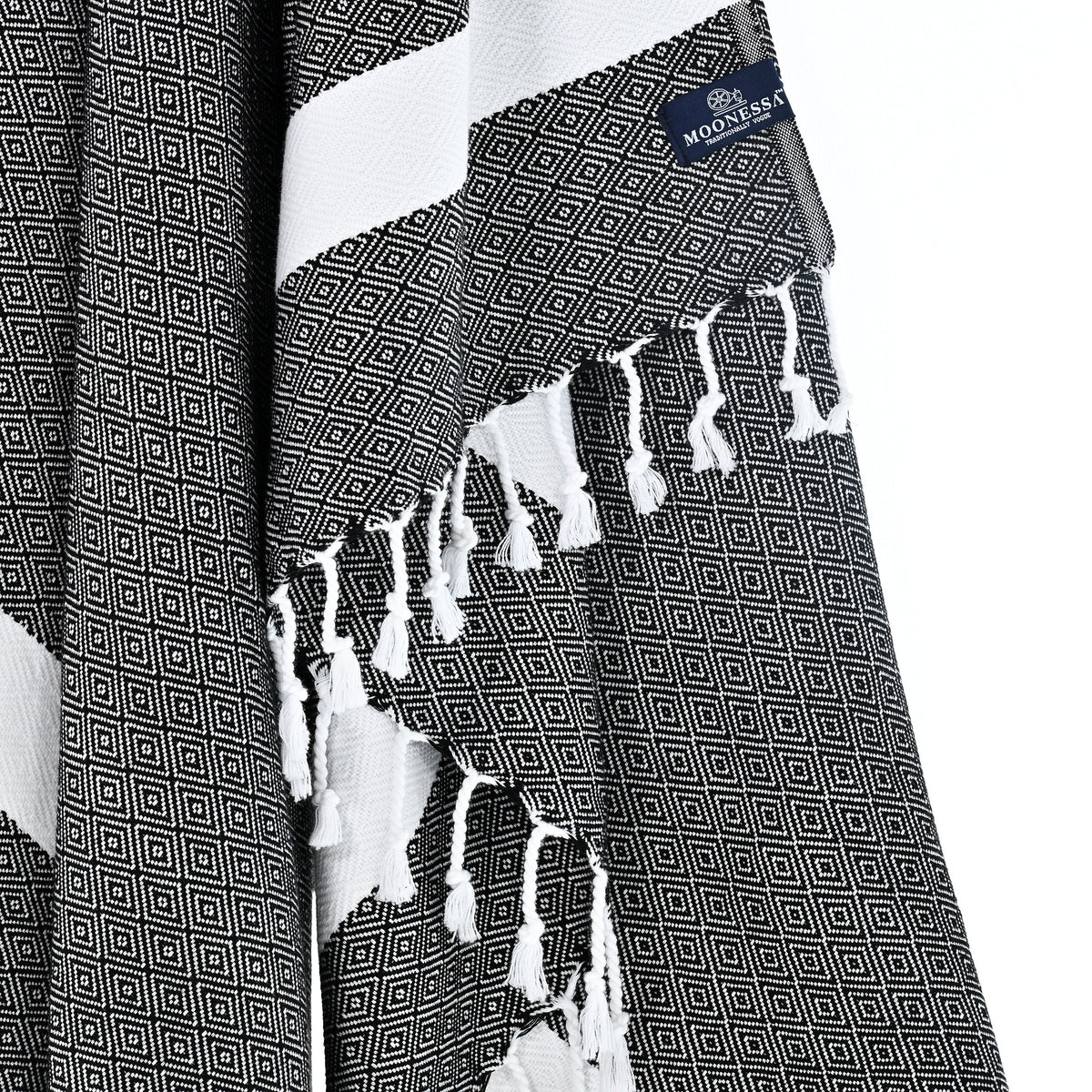 Turkish Towel, Beach Bath Towel, Moonessa Sydney Series, Handwoven, Combed Natural Cotton, 410g, Black, hanging close-up