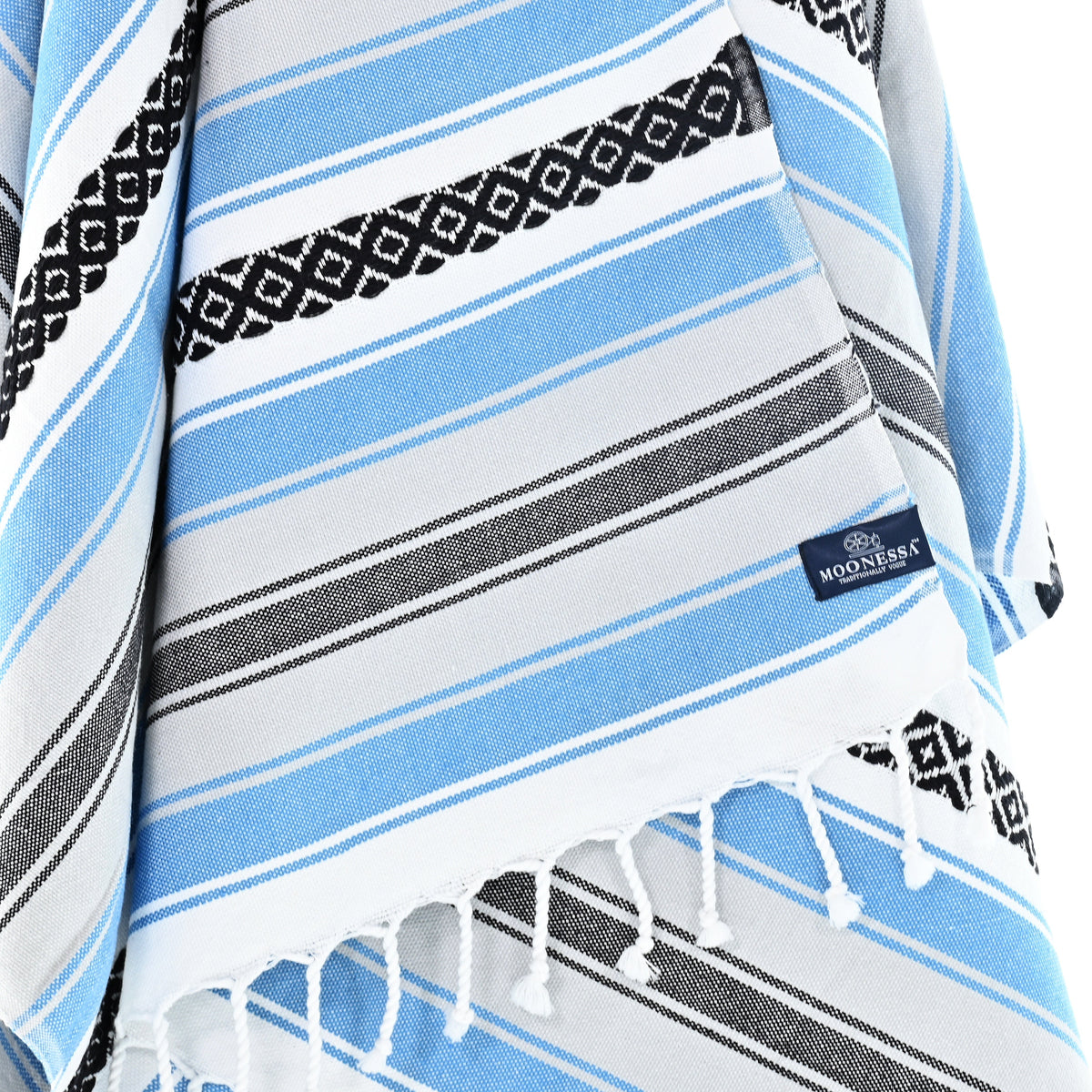 Turkish Towel, Beach Bath Towel, Moonessa Mexican Series, Handwoven, Combed Natural Cotton, 350g, Sweat Blue, hanging close-up