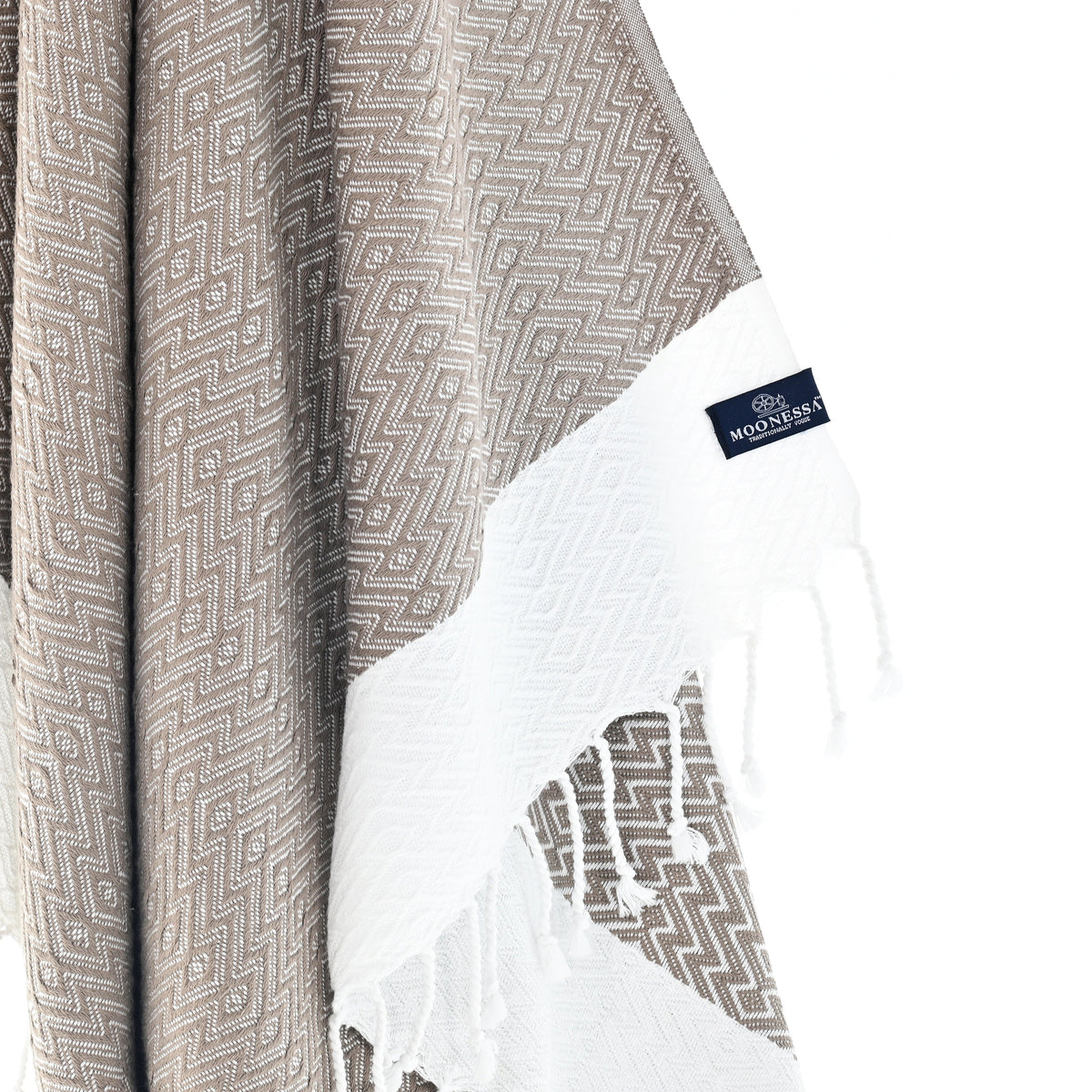 Turkish Towel, Beach Bath Towel, Moonessa Helsinki Series, Handwoven, Combed Natural Cotton, 350g, Mocha, hanging close-up