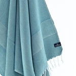 Turkish Towel, Beach Bath Towel, Moonessa Berlin Series, Handwoven, Combed Natural Cotton, 400g, Teal, hanging close-up
