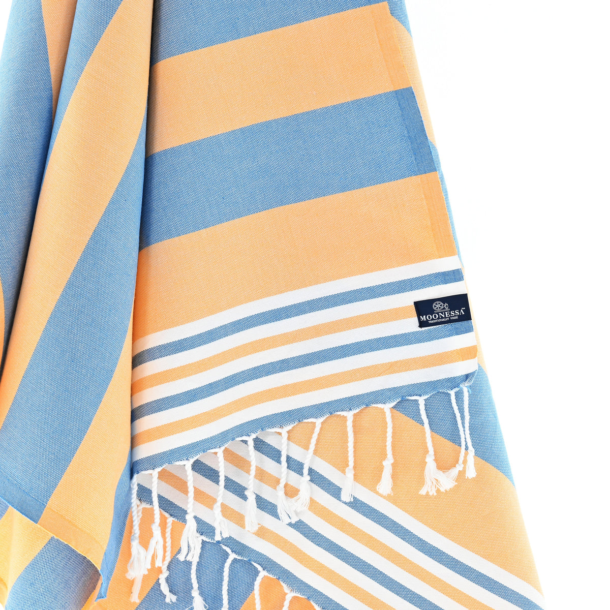 Turkish Towel, Beach Bath Towel, Moonessa Bondi Beach Series, Handwoven, Combed Natural Cotton, 330g, Blue-Orange, hanging close-up