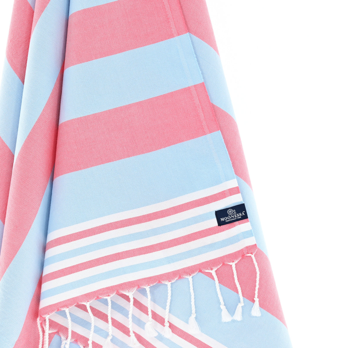 Turkish Towel, Beach Bath Towel, Moonessa Bondi Beach Series, Handwoven, Combed Natural Cotton, 330g, Coral Red-Light Blue, hanging close-up