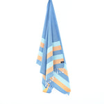 Turkish Towel, Beach Bath Towel, Moonessa Swan River Series, Handwoven, Combed Natural Cotton, 330g, Ocean Blue-Orange-Sky Blue, hanging