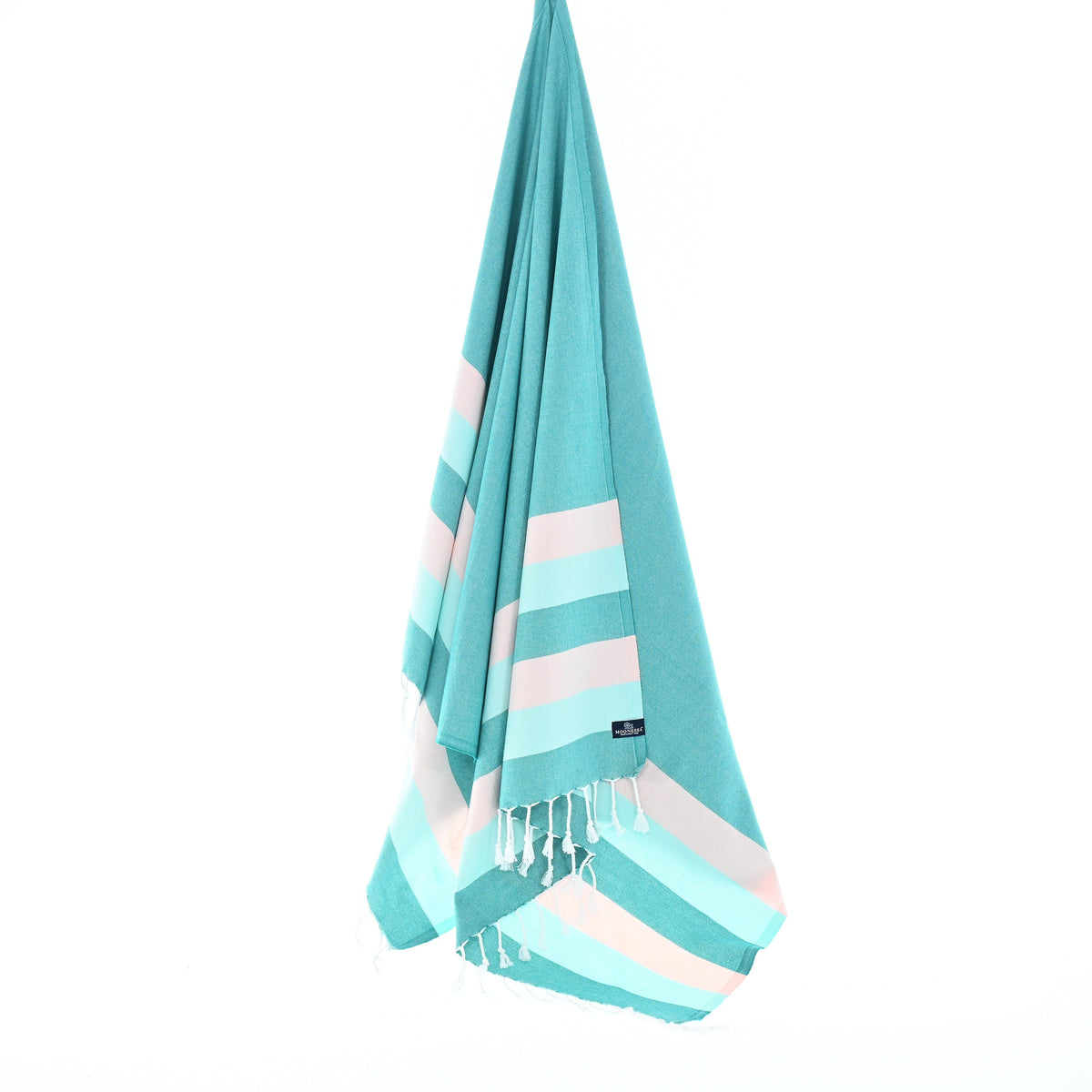 Turkish Towel, Beach Bath Towel, Moonessa Swan River Series, Handwoven, Combed Natural Cotton, 330g, Teal-Mint-Candy Pink, hanging