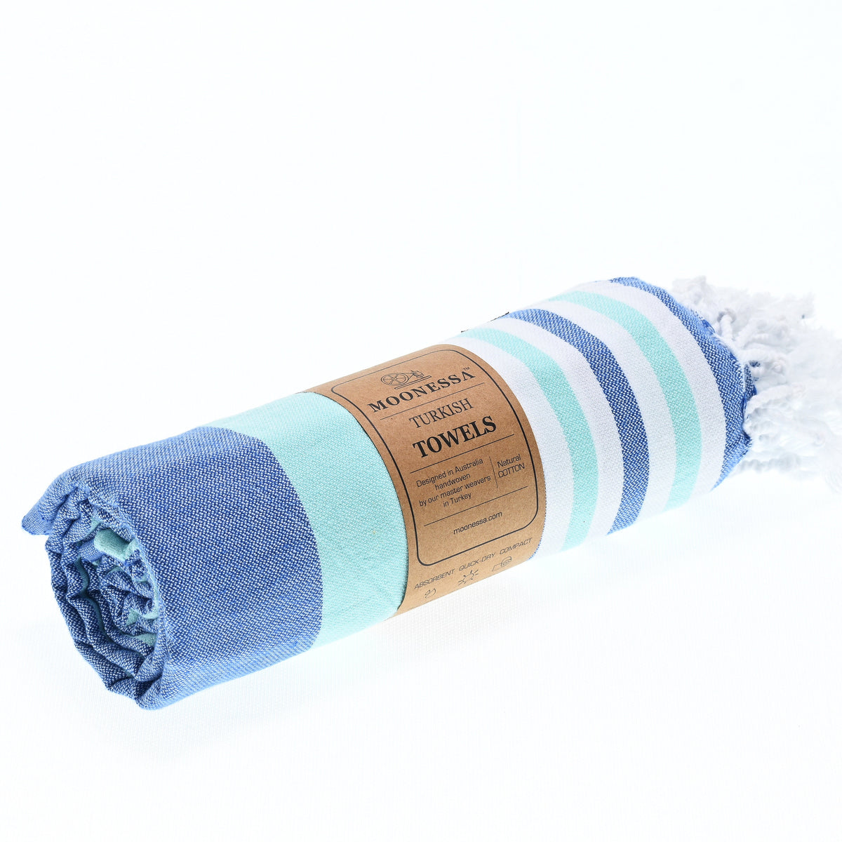 Turkish Towel, Beach Bath Towel, Moonessa Bondi Beach Series, Handwoven, Combed Natural Cotton, 330g,Navy-Mint, roll