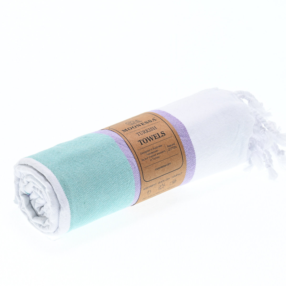 Turkish Towel, Beach Bath Towel, Moonessa Fremantle Series, Handwoven, Combed Natural Cotton, 340g, Purple-Mint-Grey, roll