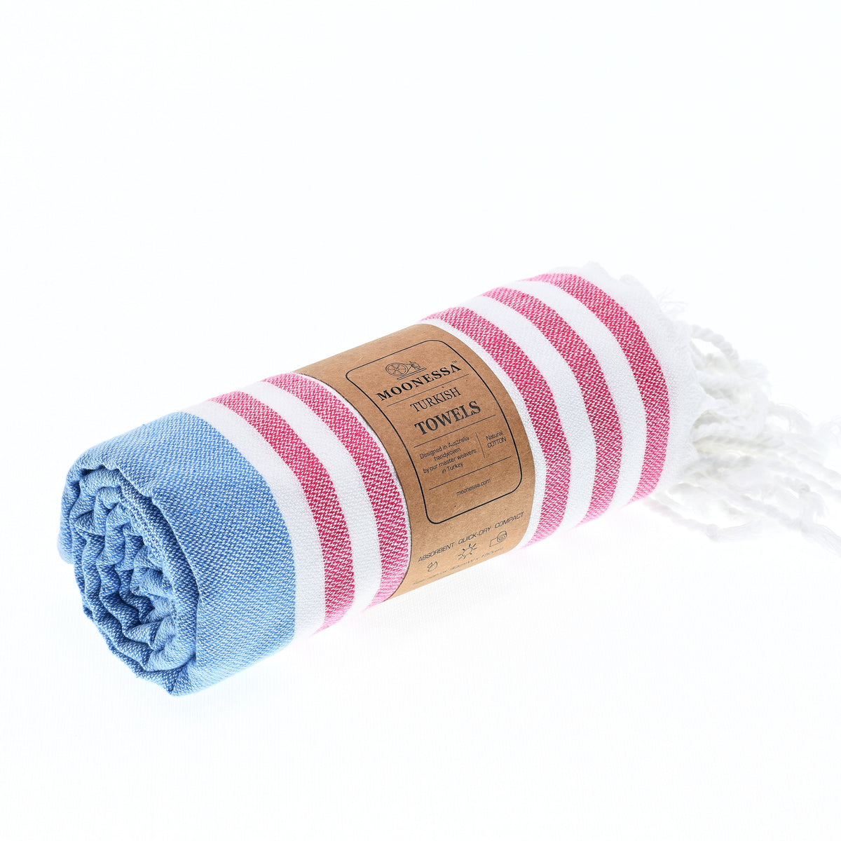 Turkish Towel, Beach Bath Towel, Moonessa Avalon Series, Handwoven, Combed Natural Cotton, 350g, Sky Blue-Vermilion, roll