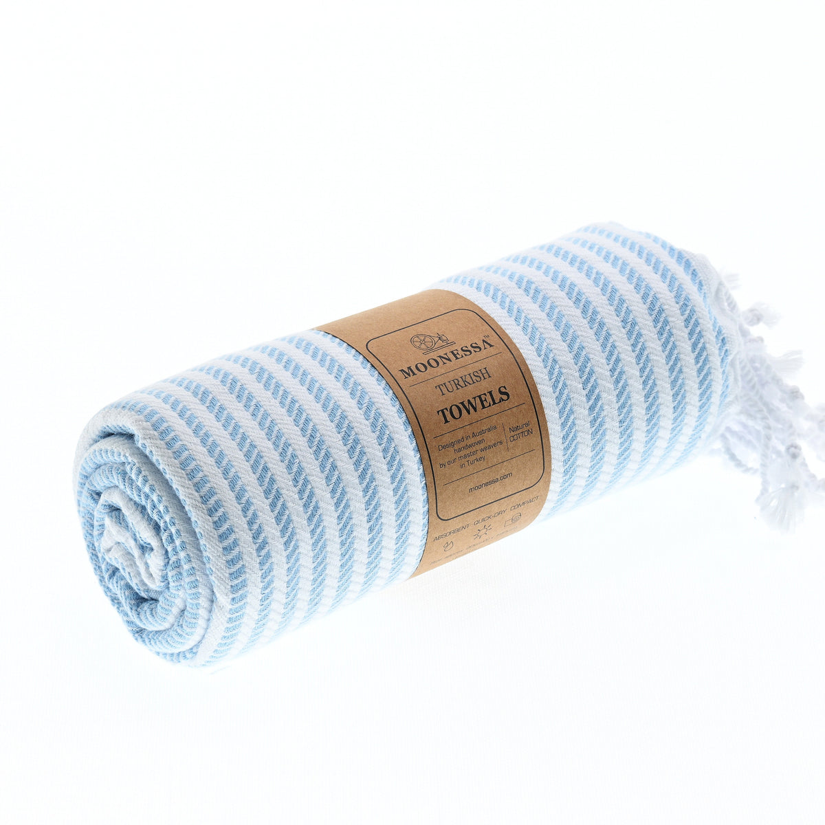 Turkish Towel, Beach Bath Towel, Moonessa Perth Series, Handwoven, Combed Natural Cotton, 400g, Light Blue, roll