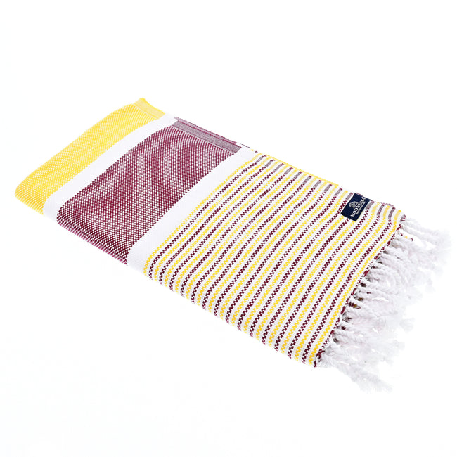 Turkish Towel, Beach Bath Towel, Moonessa Gold Coast Series, Handwoven, Combed Natural Cotton, 420g, Damson-Yellow, horizontal