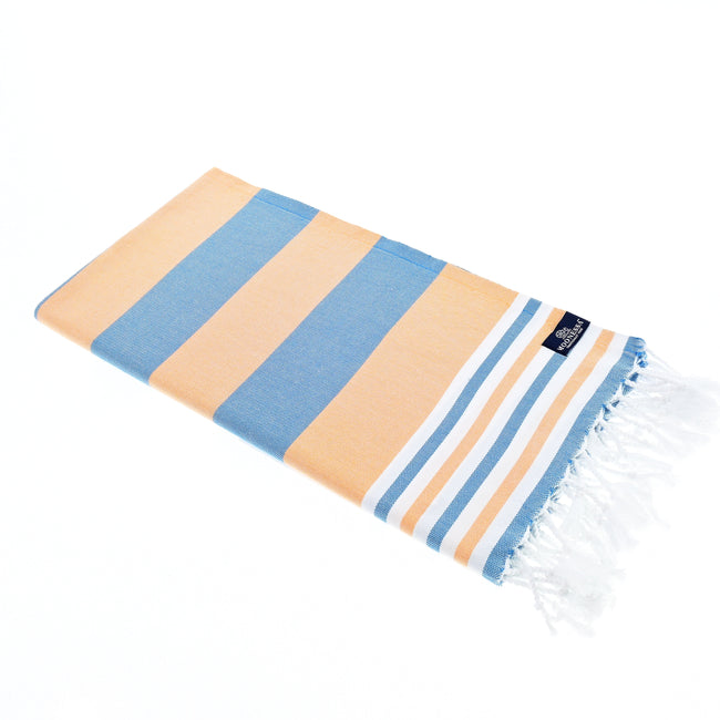 Turkish Towel, Beach Bath Towel, Moonessa Bondi Beach Series, Handwoven, Combed Natural Cotton, 330g, Blue-Orange, horizontal