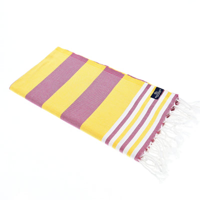 Turkish Towel, Beach Bath Towel, Moonessa Bondi Beach Series, Handwoven, Combed Natural Cotton, 330g, Damson-Yellow, horizontal