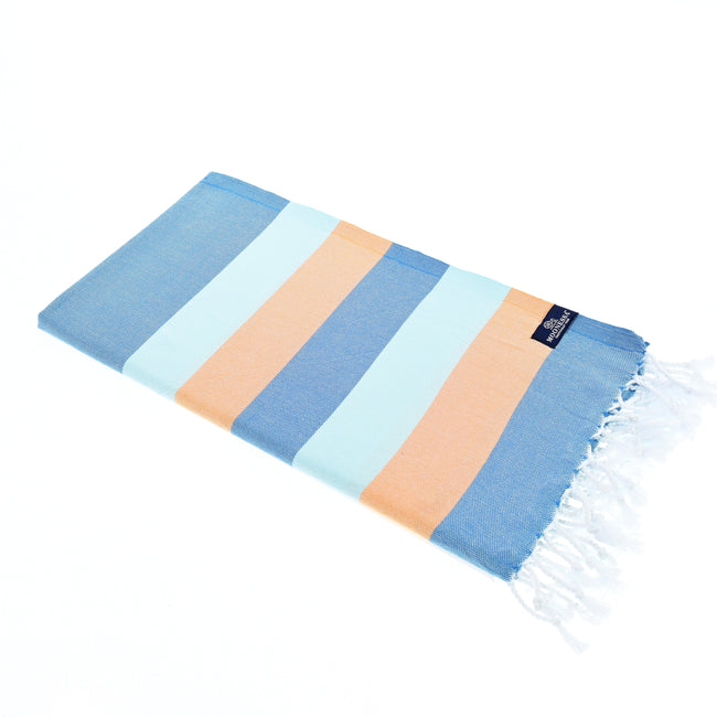 Turkish Towel, Beach Bath Towel, Moonessa Swan River Series, Handwoven, Combed Natural Cotton, 330g, Ocean Blue-Orange-Sky Blue, horizontal