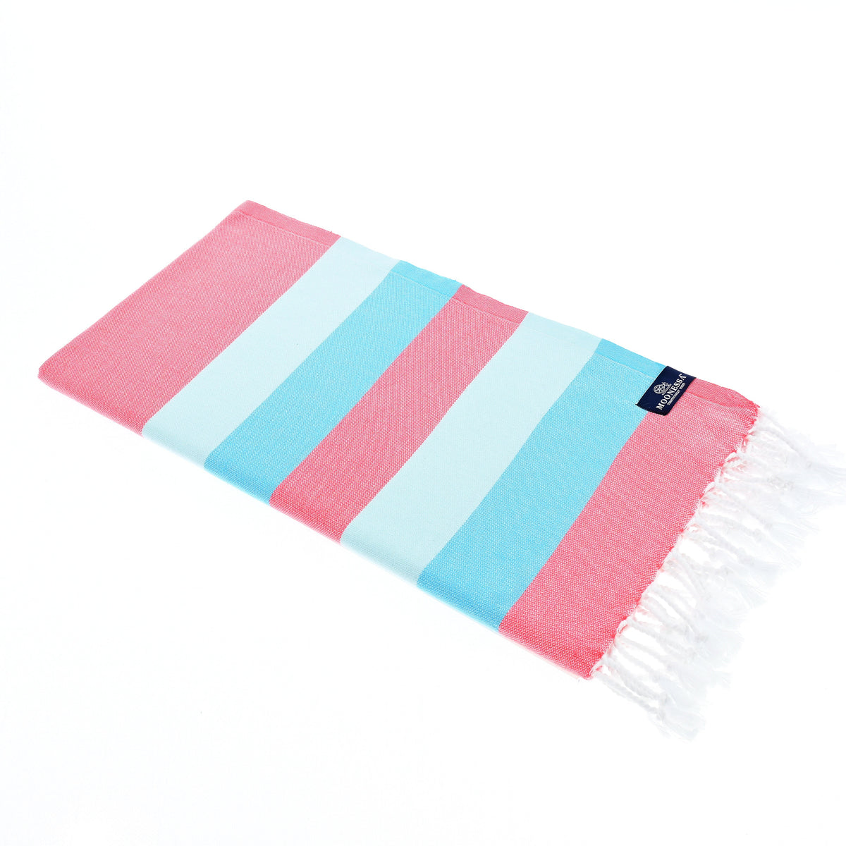 Turkish Towel, Beach Bath Towel, Moonessa Swan River Series, Handwoven, Combed Natural Cotton, 330g, Vermilion-Turquoise-Sky Blue, horizontal