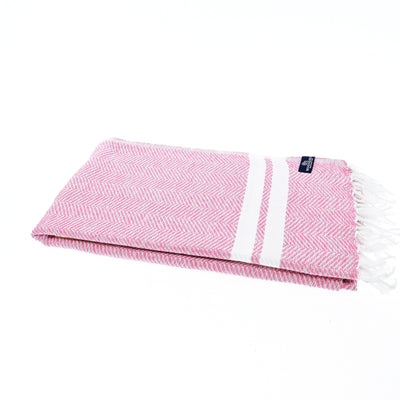 Turkish Towel, Beach Bath Towel, Moonessa Istanbul Series, Handwoven, Combed Natural Cotton, 490g, Rose Pink-White, horizontal