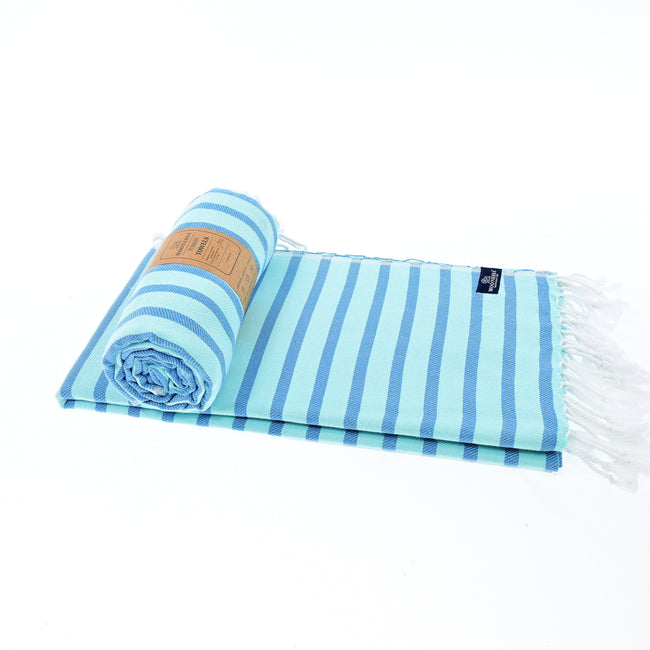 Turkish Towel, Beach Bath Towel, Moonessa Oxford Series, Handwoven, Combed Natural Cotton, 410g, Navy-Mint, roll & horizontal