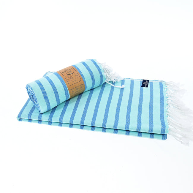 Turkish Towel, Beach Bath Towel, Moonessa Oxford Series, Handwoven, Combed Natural Cotton, 410g, Navy-Mint, roll & horizontal 2