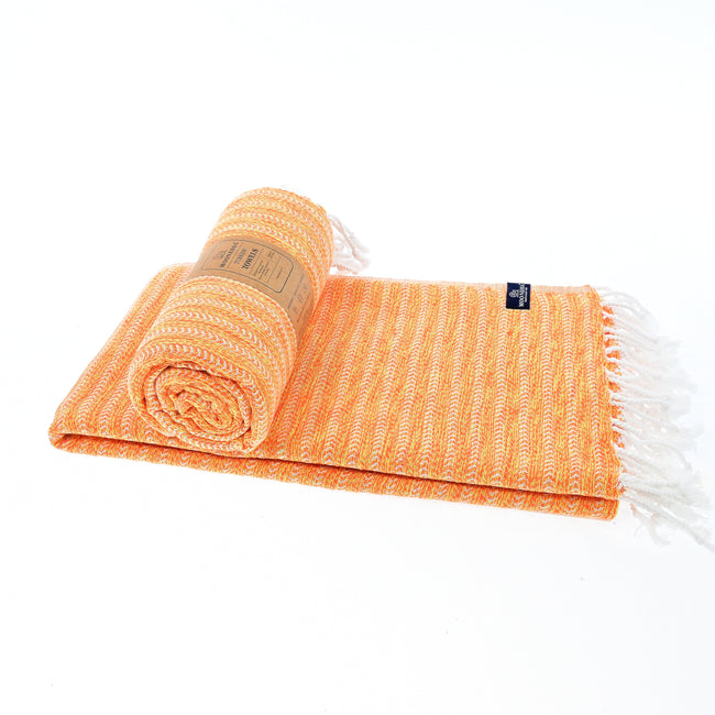 Turkish Towel, Beach Bath Towel, Moonessa Nairobi Series, Handwoven, Combed Natural Cotton, 470g, Orange-Yellow, roll & horizontal 2