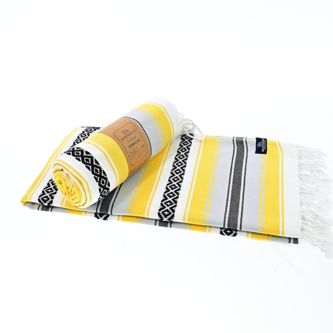 Turkish Towel, Beach Bath Towel, Moonessa Mexican Series, Handwoven, Combed Natural Cotton, 350g, Yellow, roll & horizontal