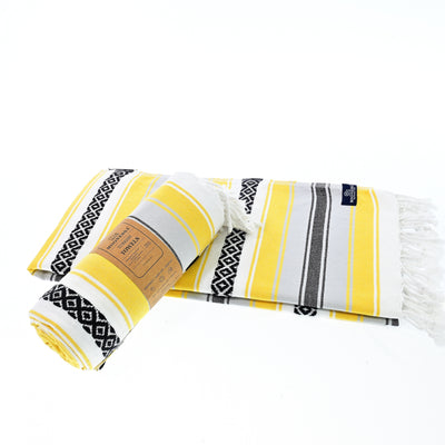 Turkish Towel, Beach Bath Towel, Moonessa Mexican Series, Handwoven, Combed Natural Cotton, 350g, Yellow, roll & horizontal 2