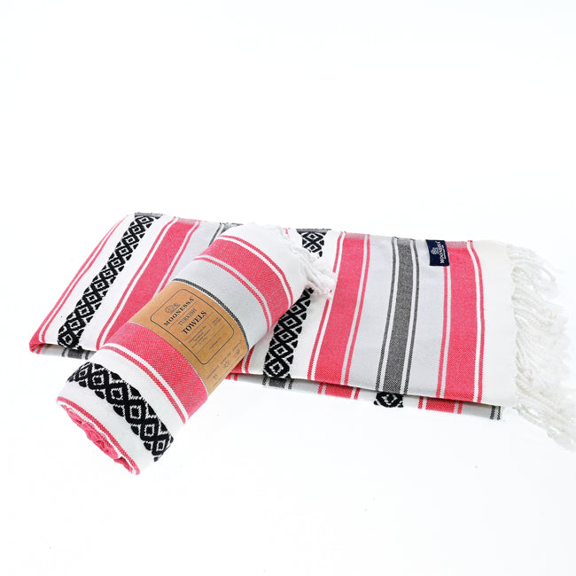 Turkish Towel, Beach Bath Towel, Moonessa Mexican Series, Handwoven, Combed Natural Cotton, 350g, Vermilon, roll & horizontal 2