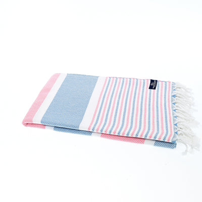 Turkish Towel, Beach Bath Towel, Moonessa Gold Coast Series, Handwoven, Combed Natural Cotton, 420g, Coral Blue-Pink, roll & horizontal