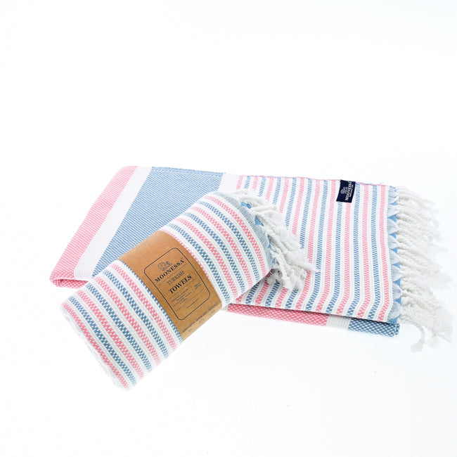 Turkish Towel, Beach Bath Towel, Moonessa Gold Coast Series, Handwoven, Combed Natural Cotton, 420g, Coral Blue-Pink, roll & horizontal 2