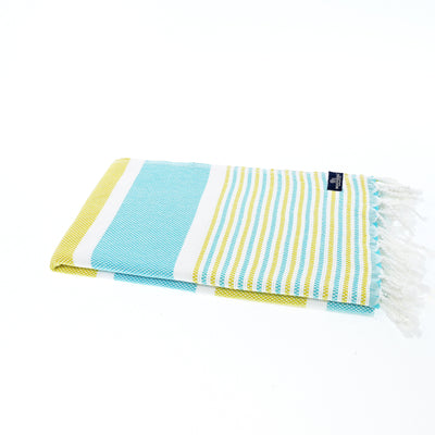 Turkish Towel, Beach Bath Towel, Moonessa Gold Coast Series, Handwoven, Combed Natural Cotton, 420g, Turquoise-Yellow, horizontal