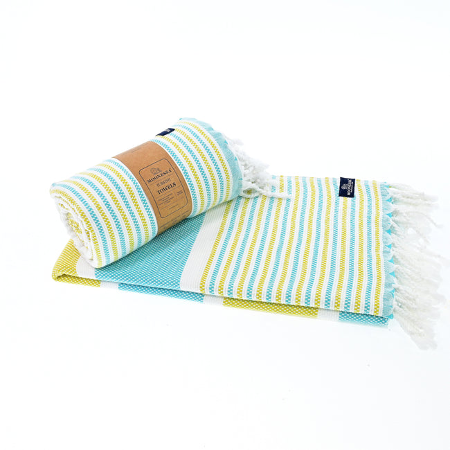Turkish Towel, Beach Bath Towel, Moonessa Gold Coast Series, Handwoven, Combed Natural Cotton, 420g, Turquoise-Yellow, roll & horizontal