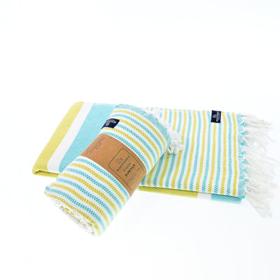 Turkish Towel, Beach Bath Towel, Moonessa Gold Coast Series, Handwoven, Combed Natural Cotton, 420g, Turquoise-Yellow, roll & horizontal 2