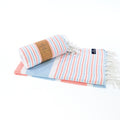 Turkish Towel, Beach Bath Towel, Moonessa Gold Coast Series, Handwoven, Combed Natural Cotton, 420g, Orange-Light Blue, horizontal