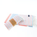 Turkish Towel, Beach Bath Towel, Moonessa Gold Coast Series, Handwoven, Combed Natural Cotton, 420g, Orange-Light Blue, roll & horizontal 2