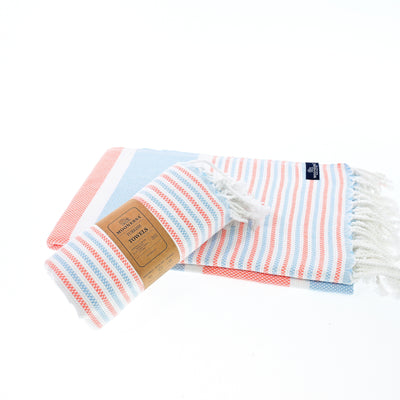 Turkish Towel, Beach Bath Towel, Moonessa Gold Coast Series, Handwoven, Combed Natural Cotton, 420g, Orange-Light Blue, roll & horizontal 2