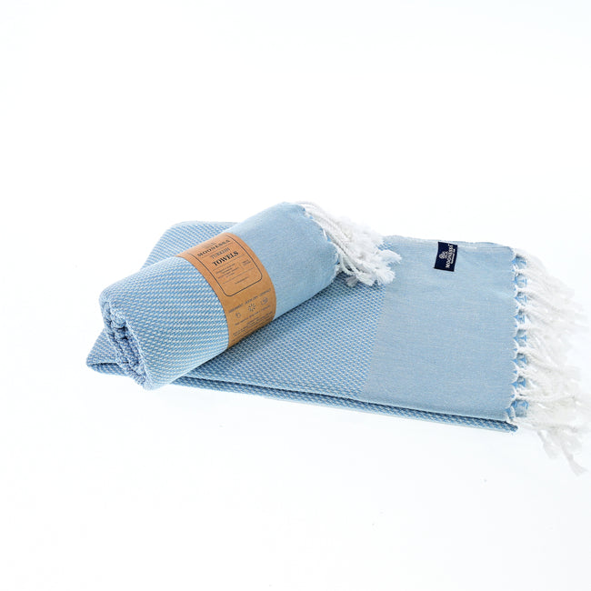 Turkish Towel, Beach Bath Towel, Moonessa Berlin Series, Handwoven, Combed Natural Cotton, 400g, Sweat Blue, roll & horizontal