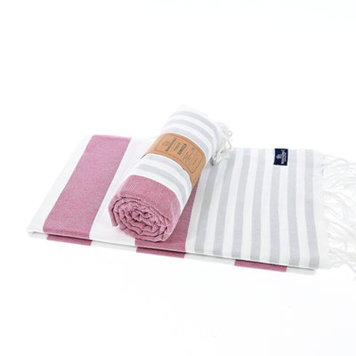 Turkish Towel, Beach Bath Towel, Moonessa Avalon Series, Handwoven, Combed Natural Cotton, 300g, Mauve-Grey, roll & horizontal 2