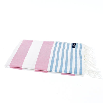 Turkish Towel, Beach Bath Towel, Moonessa Avalon Series, Handwoven, Combed Natural Cotton, 300g, Rose Pink-Light Blue, horizontal