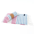 Turkish Towel, Beach Bath Towel, Moonessa Avalon Series, Handwoven, Combed Natural Cotton, 300g, Rose Pink-Light Blue, roll & horizontal 2