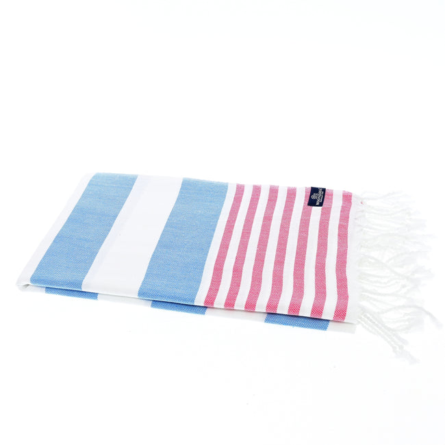 Turkish Towel, Beach Bath Towel, Moonessa Avalon Series, Handwoven, Combed Natural Cotton, 350g, Sky Blue-Vermilion, horizontal