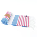 Turkish Towel, Beach Bath Towel, Moonessa Avalon Series, Handwoven, Combed Natural Cotton, 350g, Sky Blue-Vermilion, roll & horizontal 2