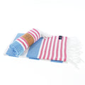 Turkish Towel, Beach Bath Towel, Moonessa Avalon Series, Handwoven, Combed Natural Cotton, 350g, Sky Blue-Vermilion, roll & horizontal