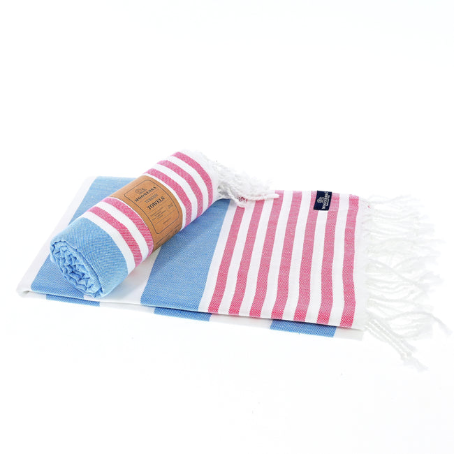 Turkish Towel, Beach Bath Towel, Moonessa Avalon Series, Handwoven, Combed Natural Cotton, 350g, Sky Blue-Vermilion, roll & horizontal