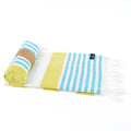 Turkish Towel, Beach Bath Towel, Moonessa Avalon Series, Handwoven, Combed Natural Cotton, 300g, Yellow-Turquoise, roll & horizontal